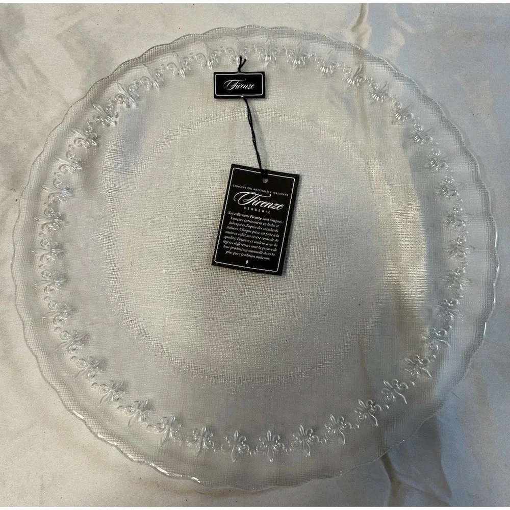 Firenze Verrerie‎ Italian Glass Platter Fleur de Lis Embossed Clear 13 inch NWT